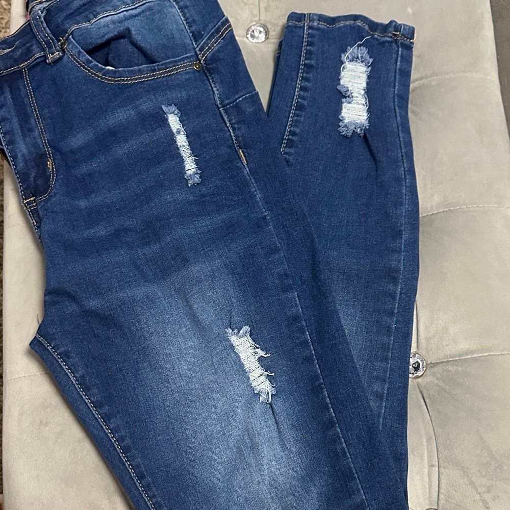 Wax Jean Women's Distressed Dark Blue Skinny Jeans